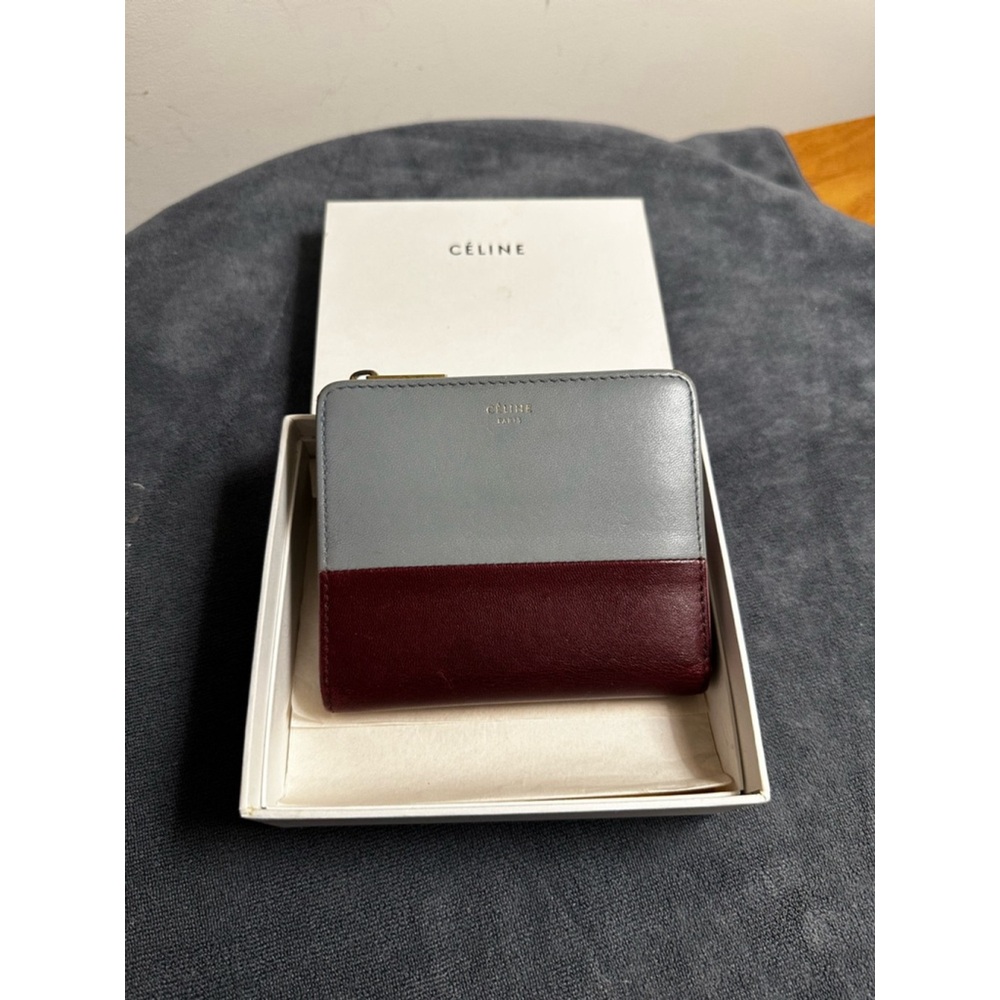 Celine Gray and Burgundy Leather Compact Zip Wallet